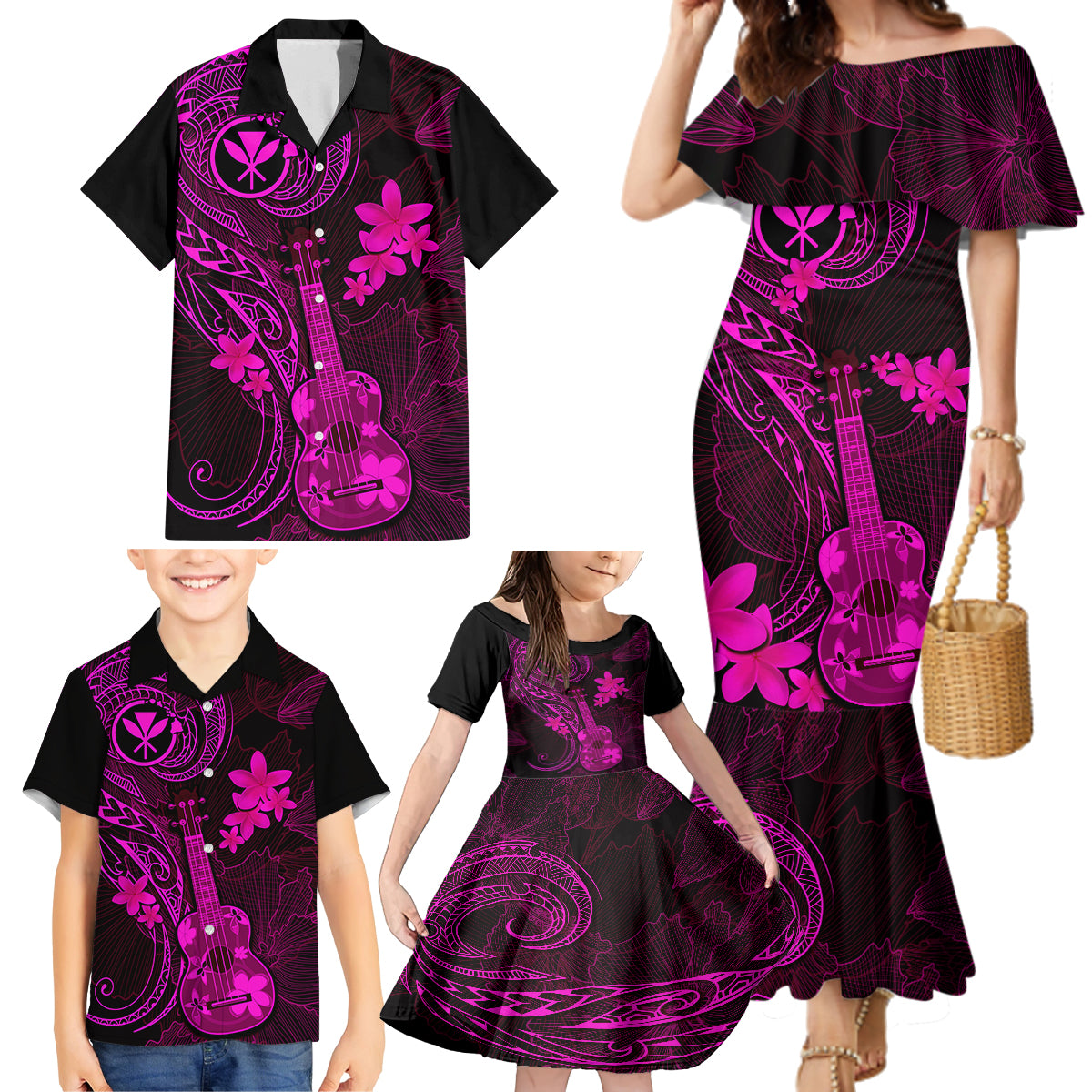 Hawaii Family Matching Mermaid Dress and Hawaiian Shirt Ukulele Mix Polynesian Plumeria Pink Version LT14 - Polynesian Pride