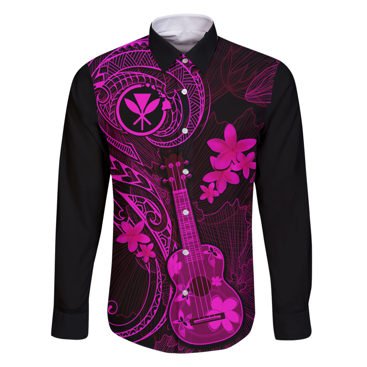 Hawaii Family Matching Mermaid Dress and Hawaiian Shirt Ukulele Mix Polynesian Plumeria Pink Version LT14 Dad's Shirt - Long Sleeve Pink - Polynesian Pride