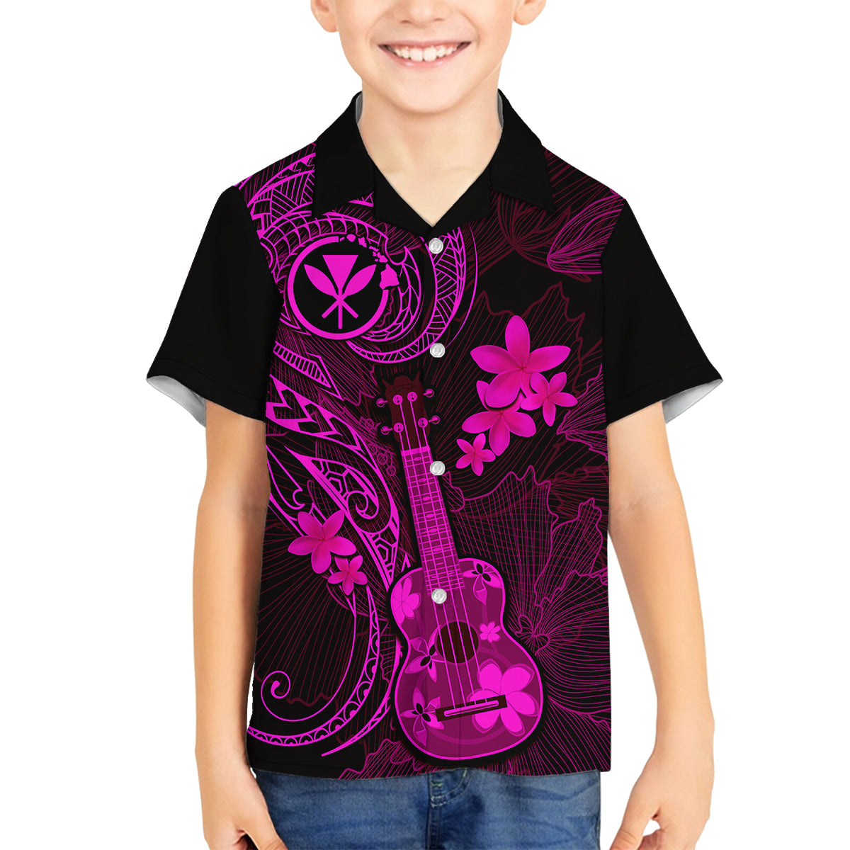 Hawaii Family Matching Off Shoulder Long Sleeve Dress and Hawaiian Shirt Ukulele Mix Polynesian Plumeria Pink Version LT14 Son's Shirt Pink - Polynesian Pride