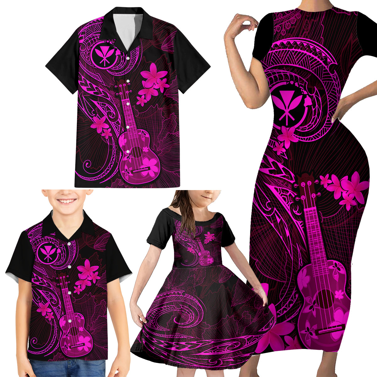 Hawaii Family Matching Short Sleeve Bodycon Dress and Hawaiian Shirt Ukulele Mix Polynesian Plumeria Pink Version LT14 - Polynesian Pride