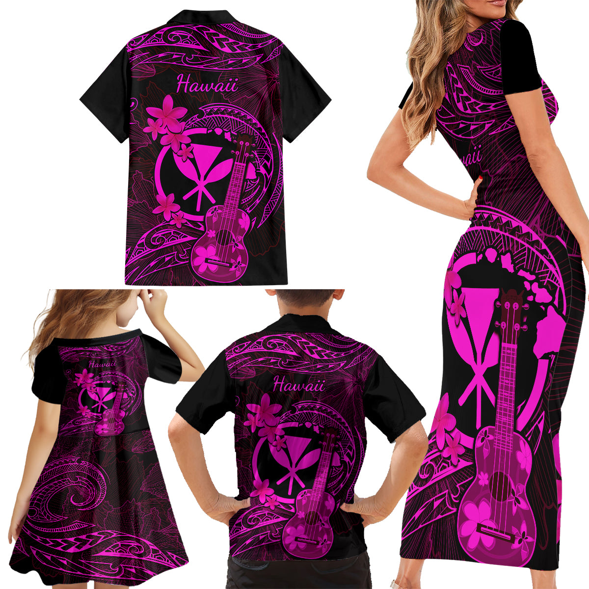 Hawaii Family Matching Short Sleeve Bodycon Dress and Hawaiian Shirt Ukulele Mix Polynesian Plumeria Pink Version LT14 - Polynesian Pride