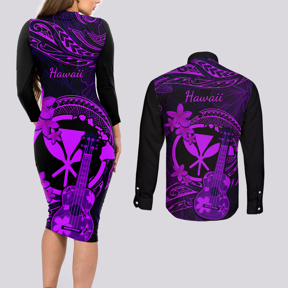hawaii-couples-matching-long-sleeve-bodycon-dress-and-long-sleeve-button-shirts-ukulele-mix-polynesian-plumeria-purple-version