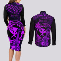 hawaii-couples-matching-long-sleeve-bodycon-dress-and-long-sleeve-button-shirts-ukulele-mix-polynesian-plumeria-purple-version
