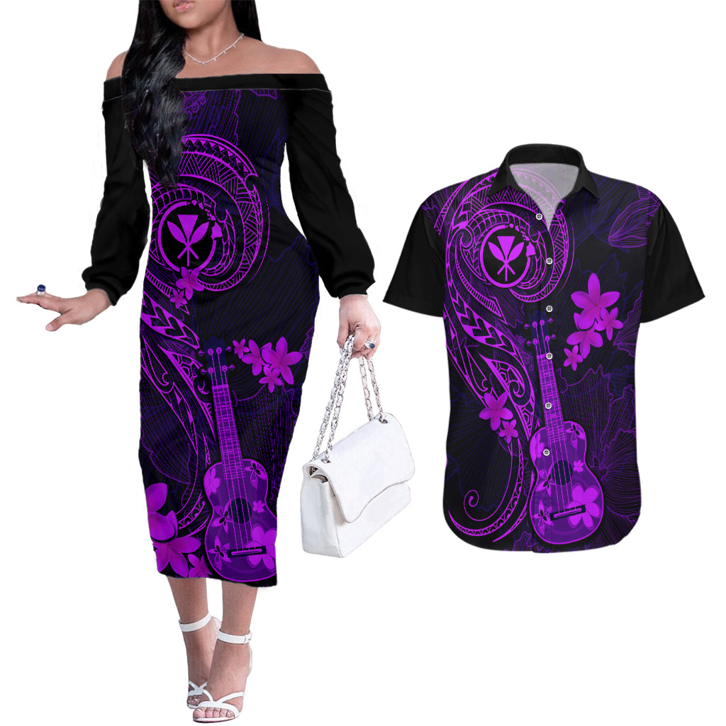hawaii-couples-matching-off-the-shoulder-long-sleeve-dress-and-hawaiian-shirt-ukulele-mix-polynesian-plumeria-purple-version