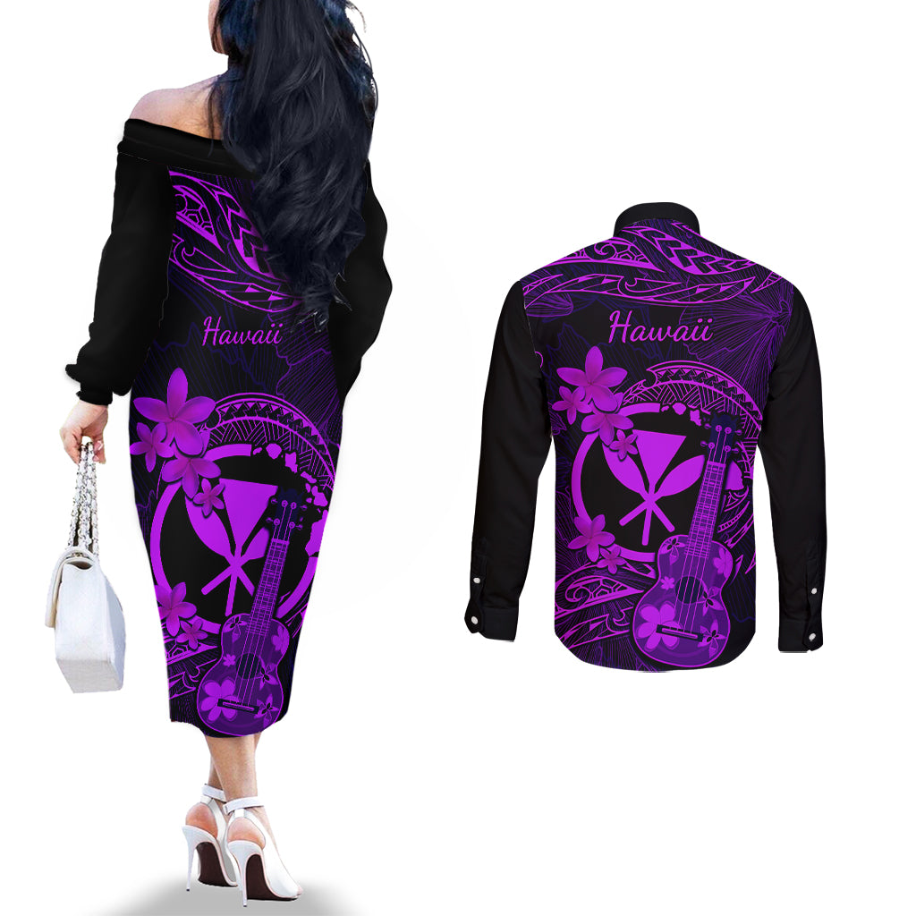 hawaii-couples-matching-off-the-shoulder-long-sleeve-dress-and-long-sleeve-button-shirts-ukulele-mix-polynesian-plumeria-purple-version