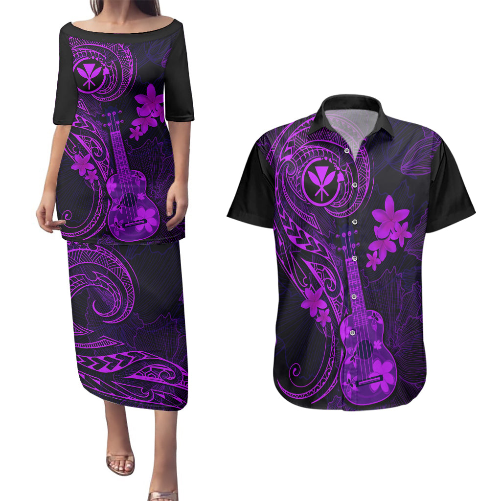 hawaii-couples-matching-puletasi-dress-and-hawaiian-shirt-ukulele-mix-polynesian-plumeria-purple-version