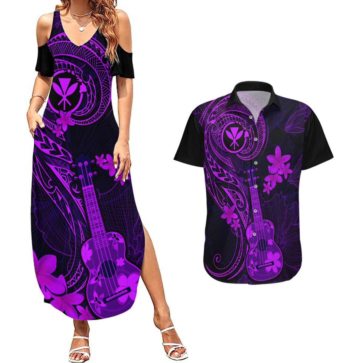 hawaii-couples-matching-summer-maxi-dress-and-hawaiian-shirt-ukulele-mix-polynesian-plumeria-purple-version