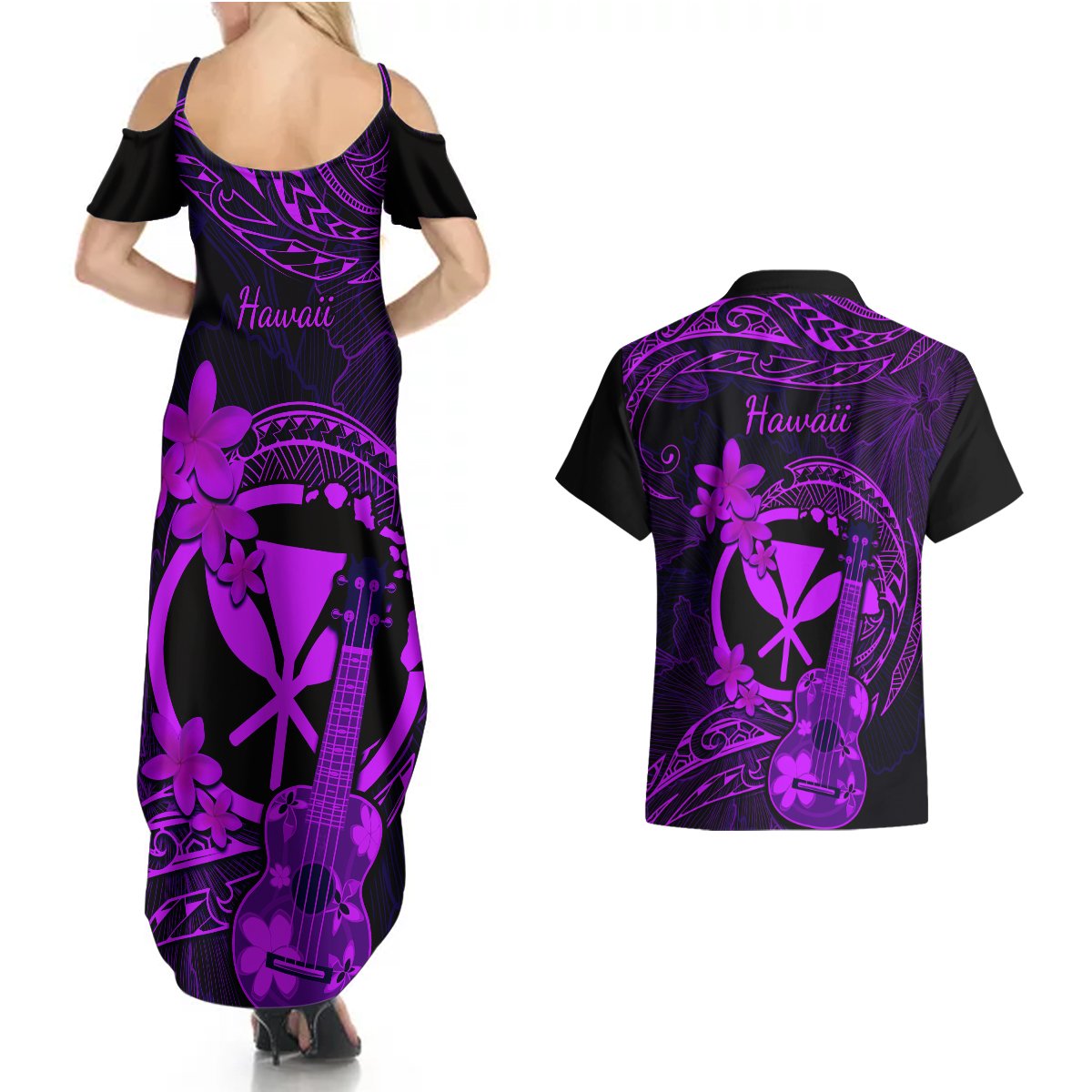 hawaii-couples-matching-summer-maxi-dress-and-hawaiian-shirt-ukulele-mix-polynesian-plumeria-purple-version