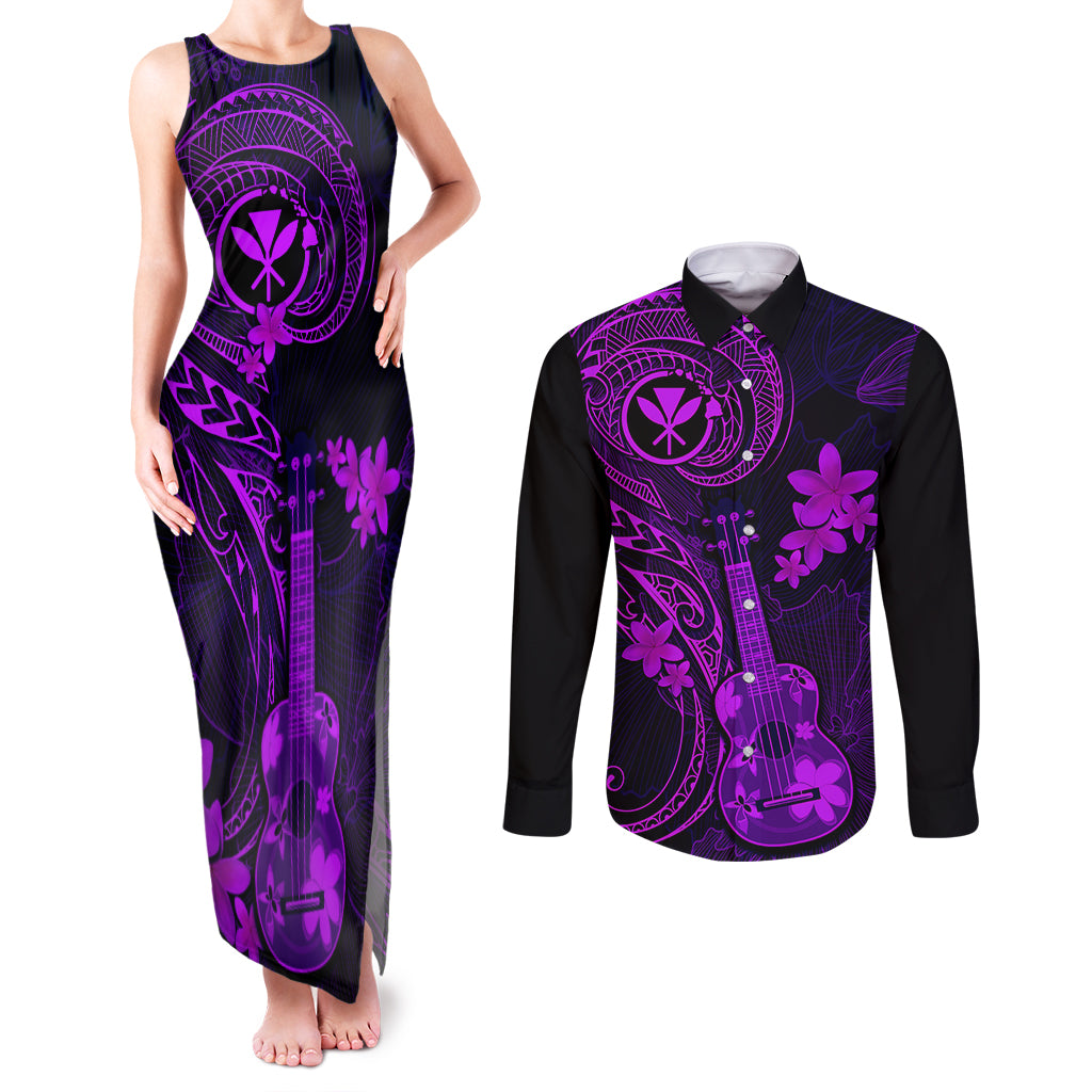 hawaii-couples-matching-tank-maxi-dress-and-long-sleeve-button-shirts-ukulele-mix-polynesian-plumeria-purple-version