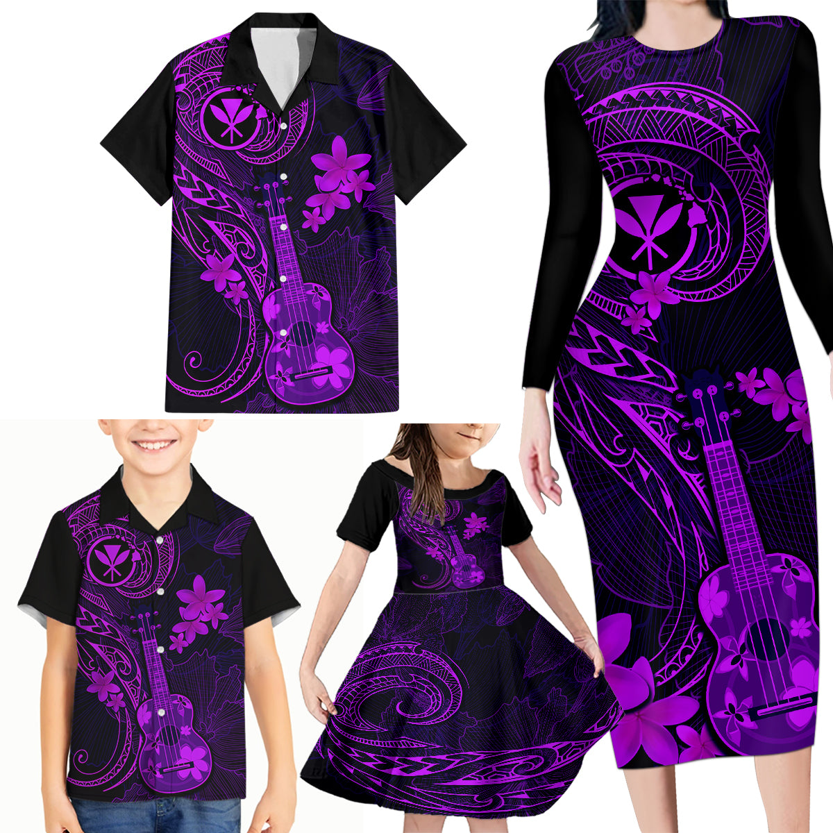 Hawaii Family Matching Long Sleeve Bodycon Dress and Hawaiian Shirt Ukulele Mix Polynesian Plumeria Purple Version LT14 - Polynesian Pride