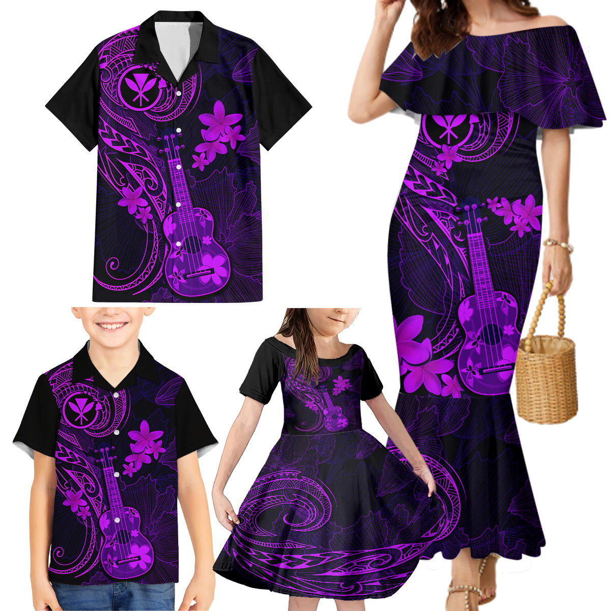 Hawaii Family Matching Mermaid Dress and Hawaiian Shirt Ukulele Mix Polynesian Plumeria Purple Version LT14 - Polynesian Pride
