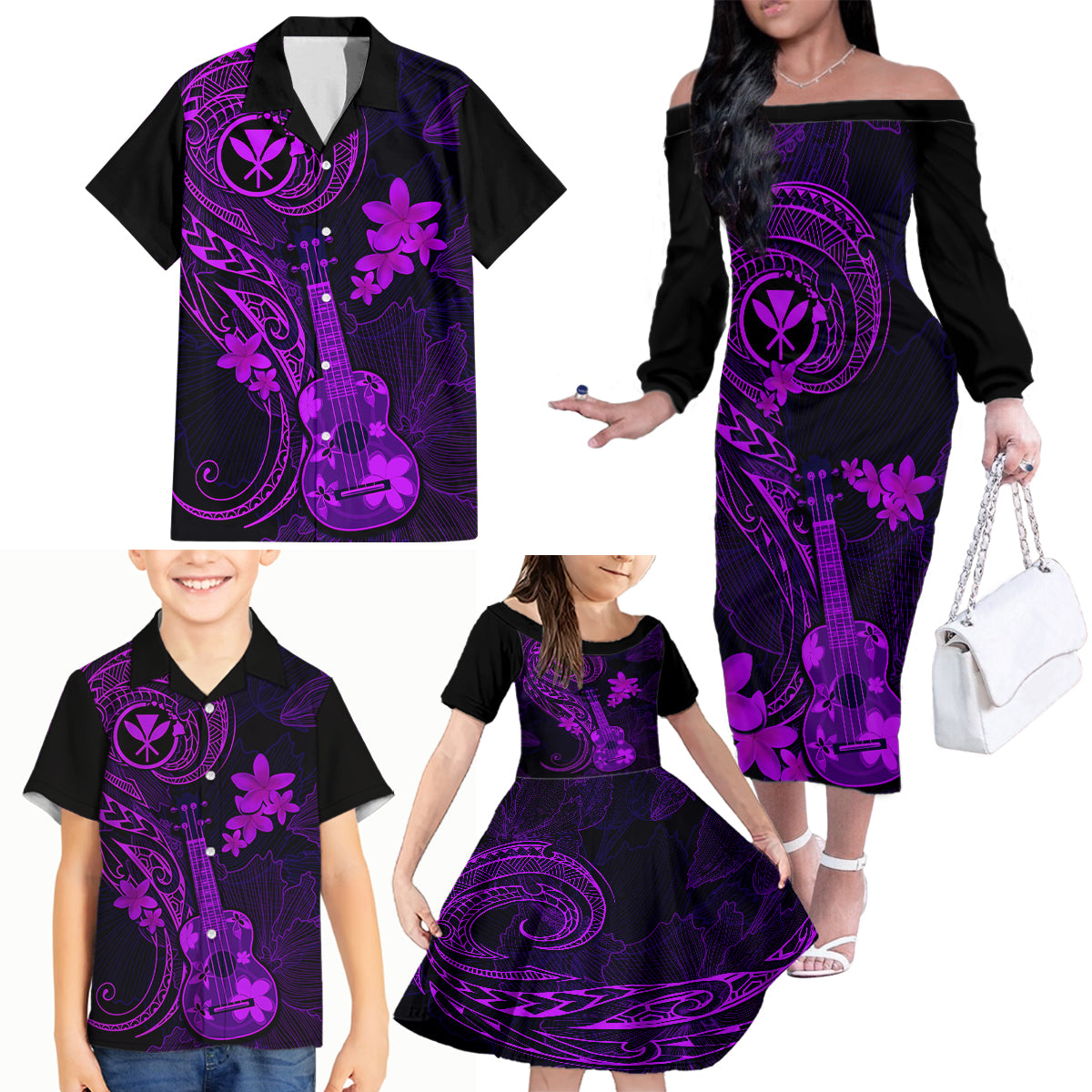 Hawaii Family Matching Off Shoulder Long Sleeve Dress and Hawaiian Shirt Ukulele Mix Polynesian Plumeria Purple Version LT14 - Polynesian Pride