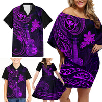 Hawaii Family Matching Off Shoulder Short Dress and Hawaiian Shirt Ukulele Mix Polynesian Plumeria Purple Version LT14 - Polynesian Pride