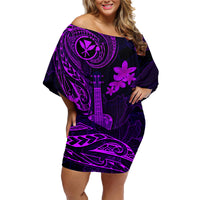 Hawaii Family Matching Off Shoulder Short Dress and Hawaiian Shirt Ukulele Mix Polynesian Plumeria Purple Version LT14 Mom's Dress Purple - Polynesian Pride
