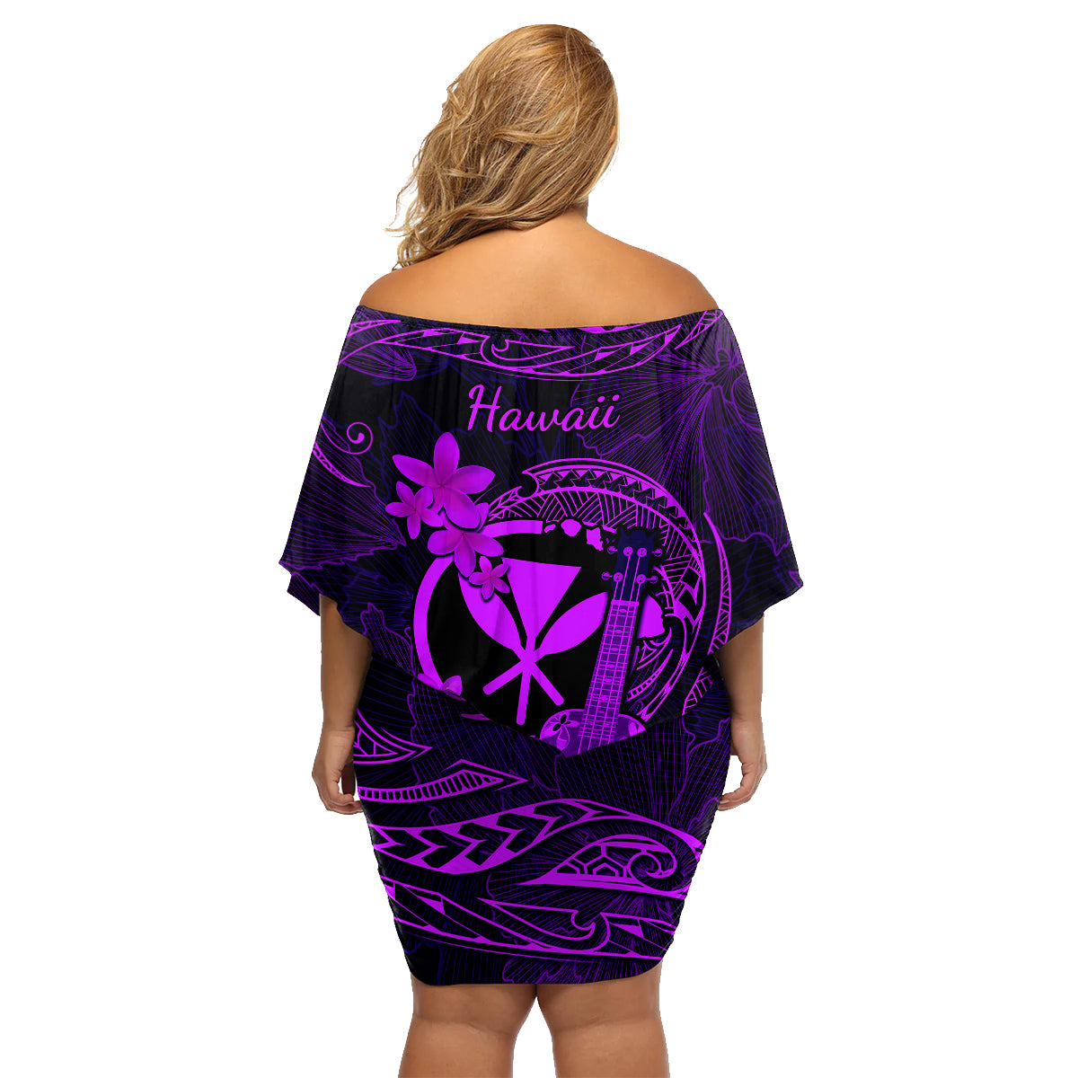 Hawaii Family Matching Off Shoulder Short Dress and Hawaiian Shirt Ukulele Mix Polynesian Plumeria Purple Version LT14 - Polynesian Pride