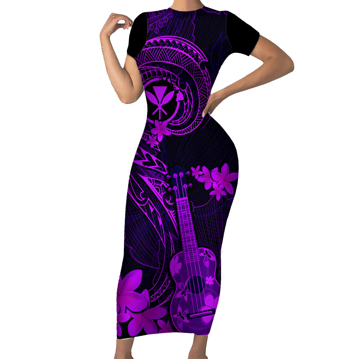 Hawaii Family Matching Short Sleeve Bodycon Dress and Hawaiian Shirt Ukulele Mix Polynesian Plumeria Purple Version LT14 Mom's Dress Purple - Polynesian Pride