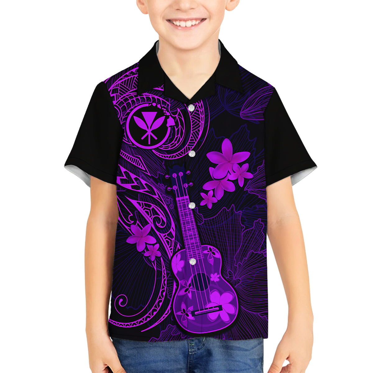 Hawaii Family Matching Short Sleeve Bodycon Dress and Hawaiian Shirt Ukulele Mix Polynesian Plumeria Purple Version LT14 Son's Shirt Purple - Polynesian Pride