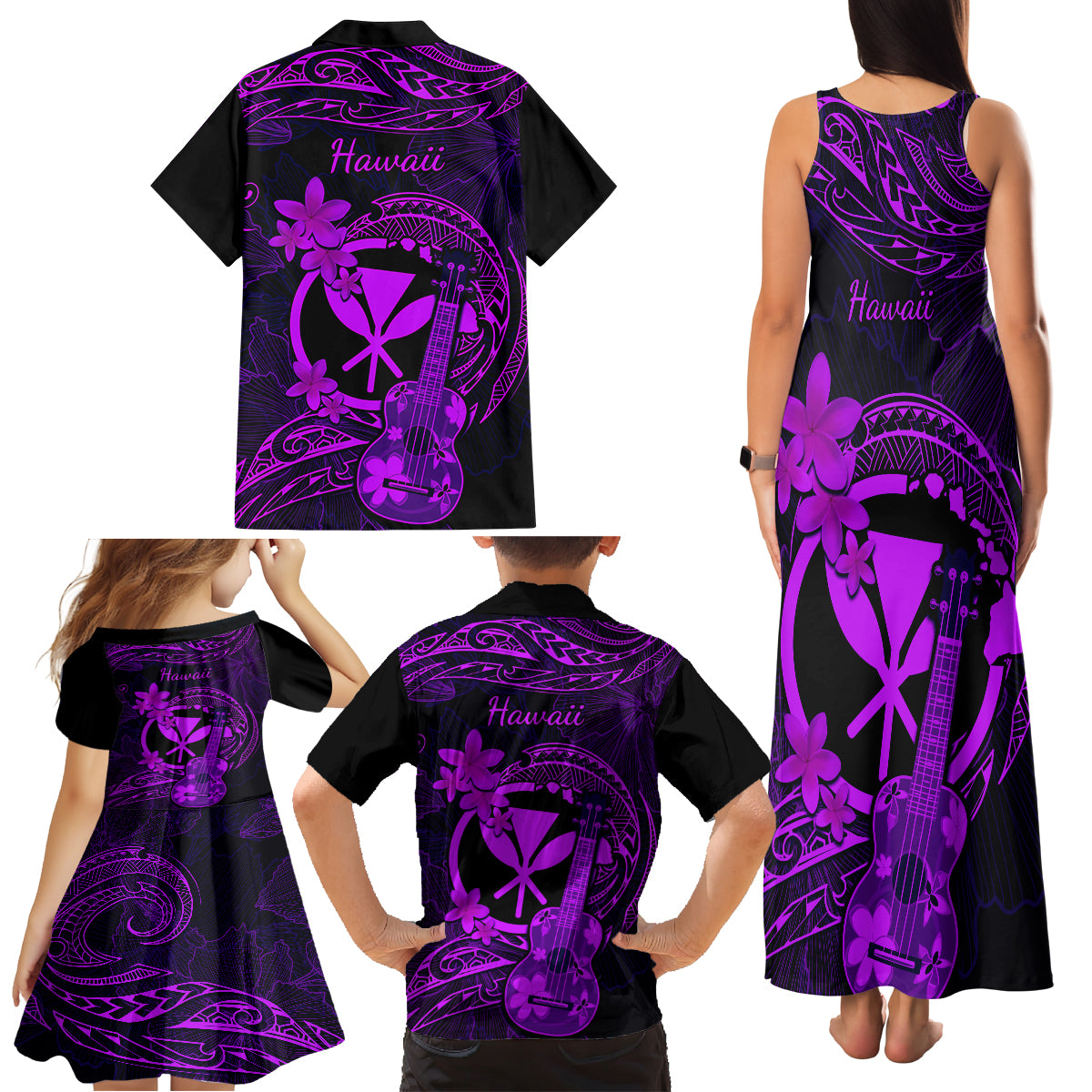 Hawaii Family Matching Tank Maxi Dress and Hawaiian Shirt Ukulele Mix Polynesian Plumeria Purple Version LT14 - Polynesian Pride