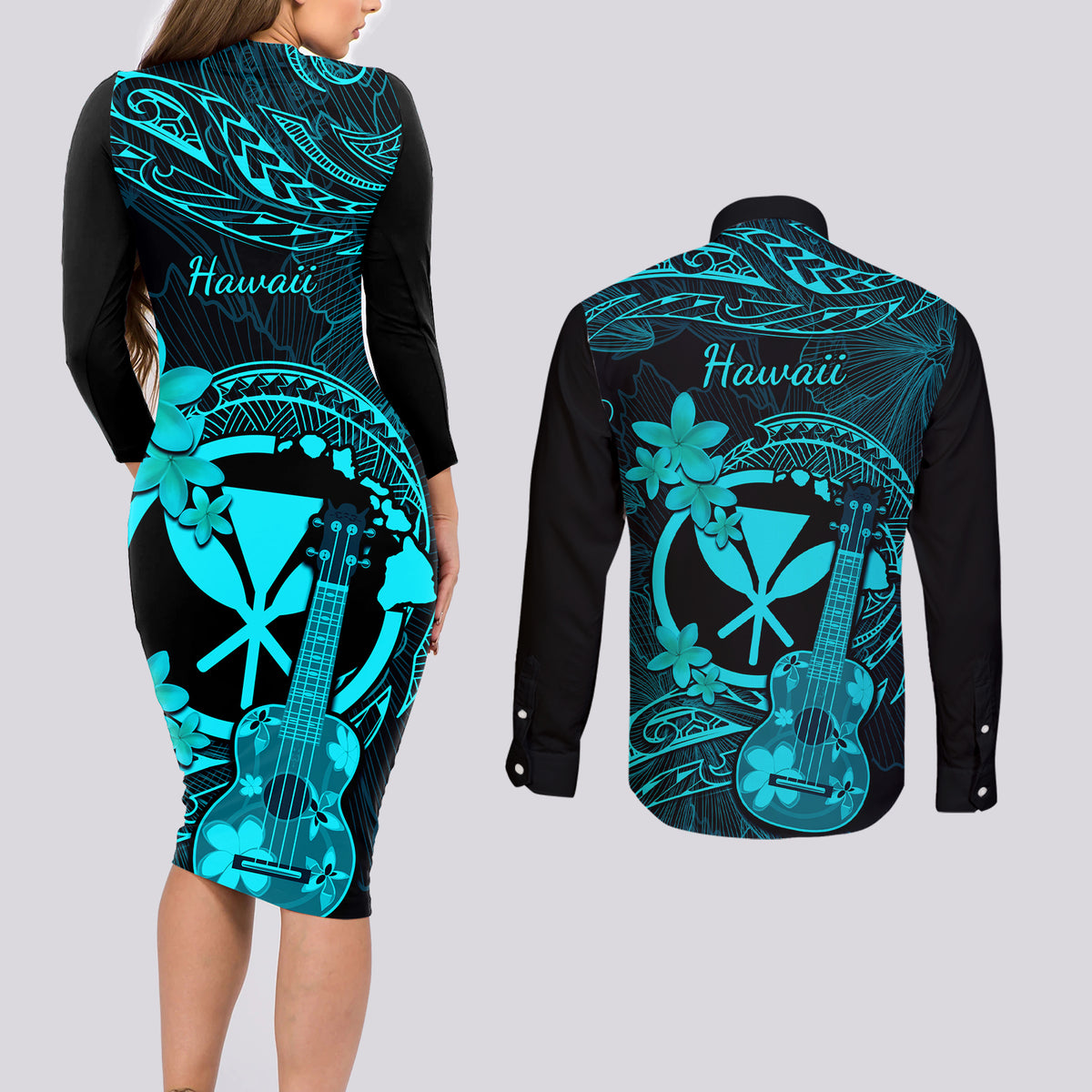 hawaii-couples-matching-long-sleeve-bodycon-dress-and-long-sleeve-button-shirts-ukulele-mix-polynesian-plumeria-turquoise-version