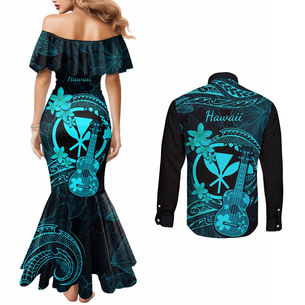 hawaii-couples-matching-mermaid-dress-and-long-sleeve-button-shirts-ukulele-mix-polynesian-plumeria-turquoise-version