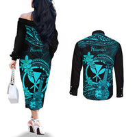 hawaii-couples-matching-off-the-shoulder-long-sleeve-dress-and-long-sleeve-button-shirts-ukulele-mix-polynesian-plumeria-turquoise-version