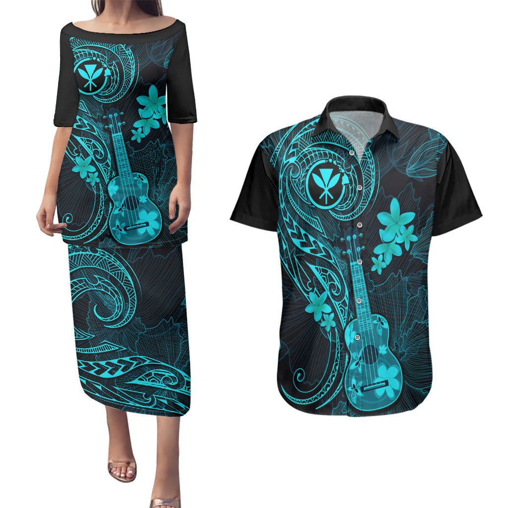 hawaii-couples-matching-puletasi-dress-and-hawaiian-shirt-ukulele-mix-polynesian-plumeria-turquoise-version