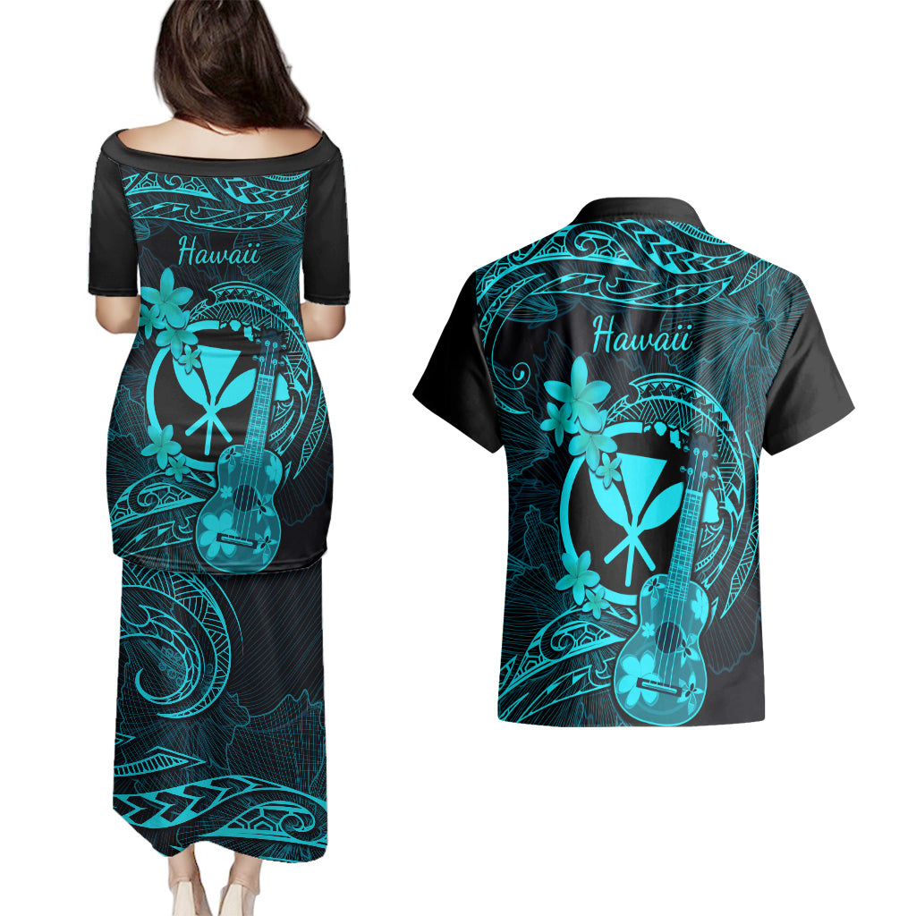 hawaii-couples-matching-puletasi-dress-and-hawaiian-shirt-ukulele-mix-polynesian-plumeria-turquoise-version