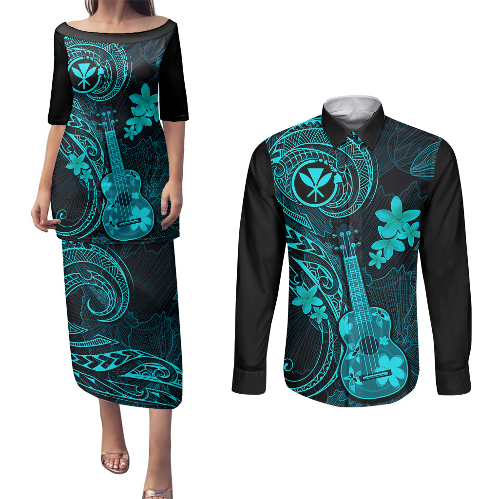 hawaii-couples-matching-puletasi-dress-and-long-sleeve-button-shirts-ukulele-mix-polynesian-plumeria-turquoise-version