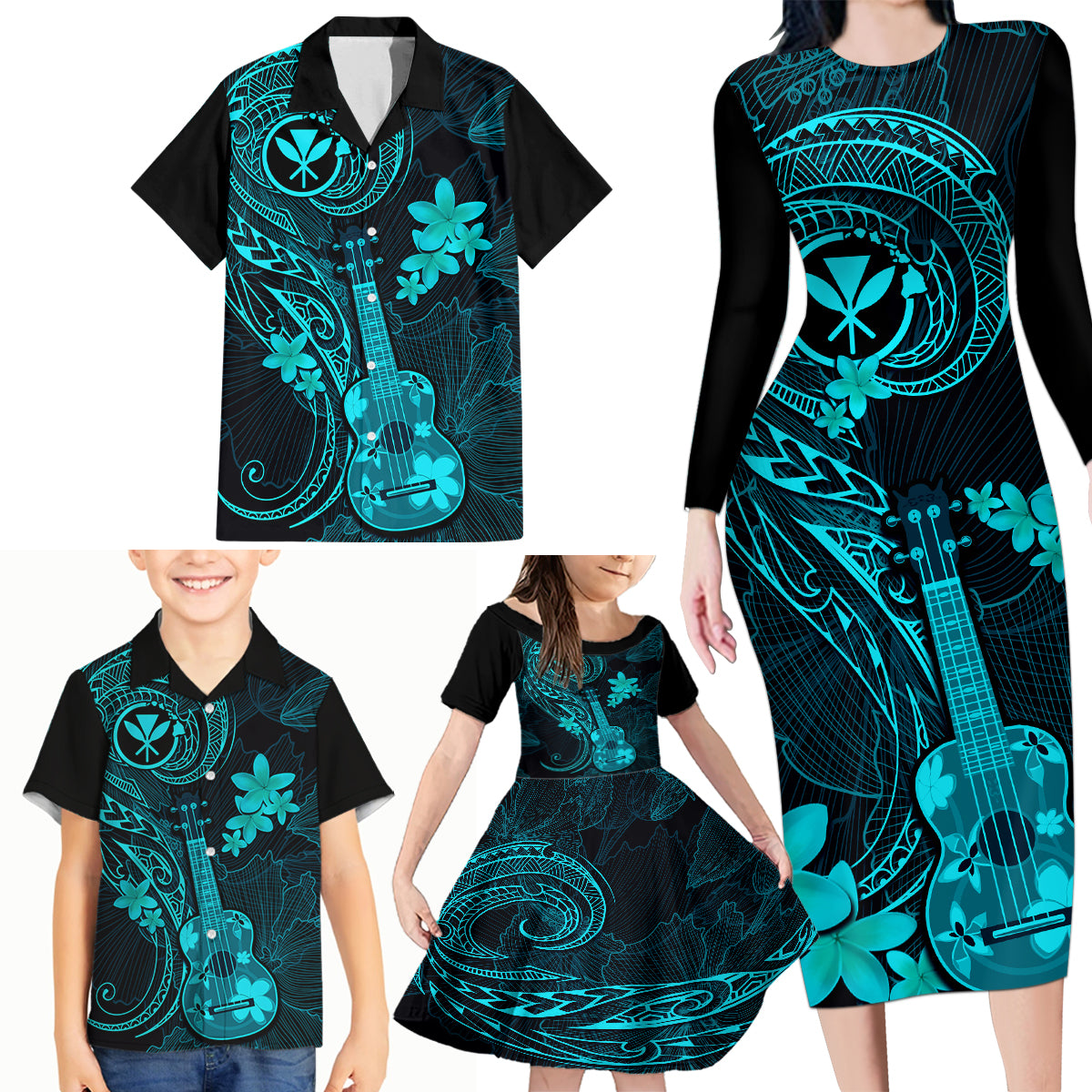 Hawaii Family Matching Long Sleeve Bodycon Dress and Hawaiian Shirt Ukulele Mix Polynesian Plumeria Turquoise Version LT14 - Polynesian Pride