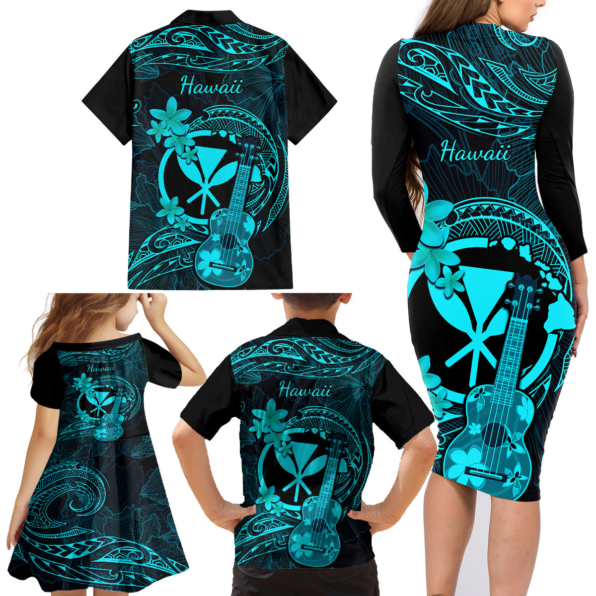 Hawaii Family Matching Long Sleeve Bodycon Dress and Hawaiian Shirt Ukulele Mix Polynesian Plumeria Turquoise Version LT14 - Polynesian Pride