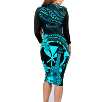 Hawaii Family Matching Long Sleeve Bodycon Dress and Hawaiian Shirt Ukulele Mix Polynesian Plumeria Turquoise Version LT14 - Polynesian Pride