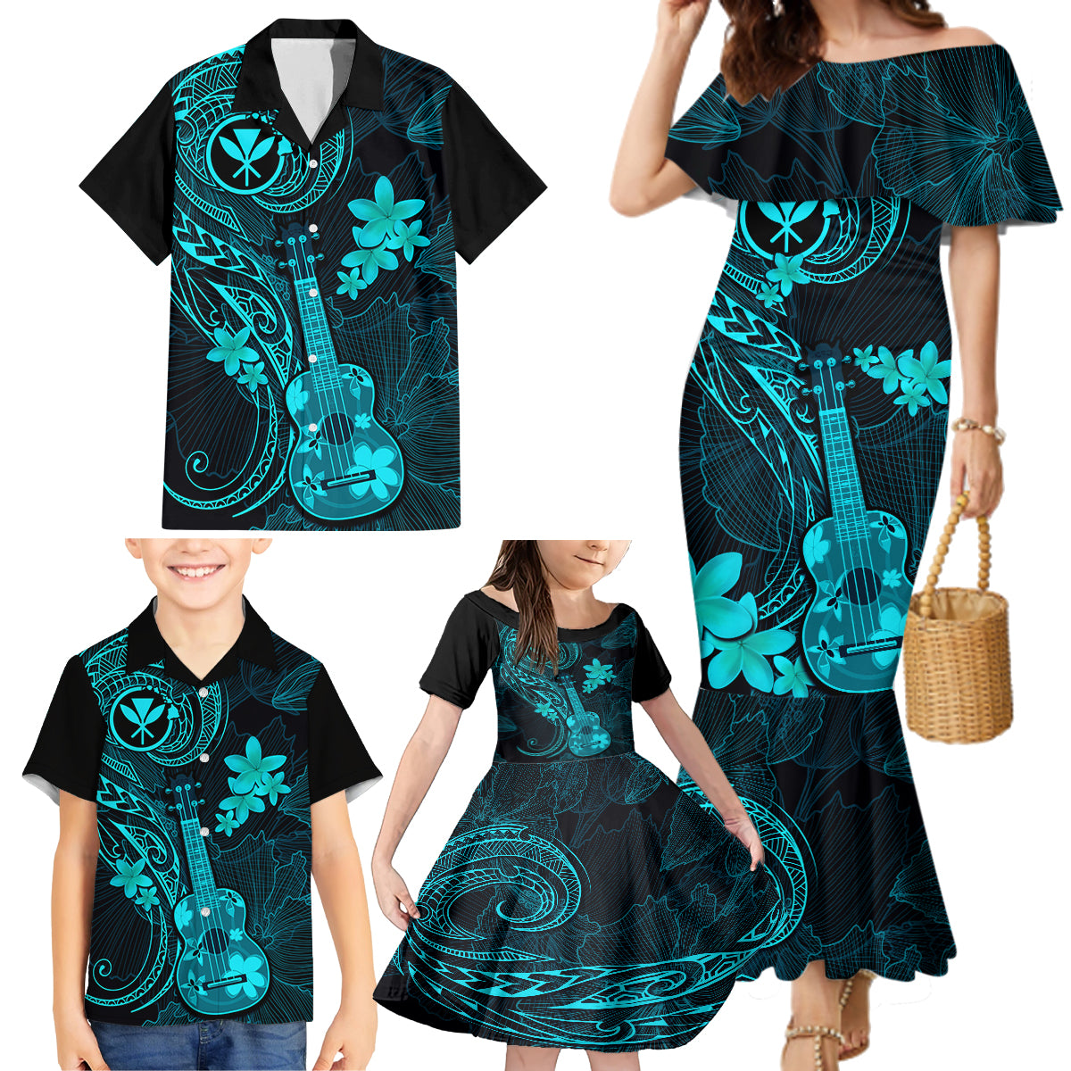 Hawaii Family Matching Mermaid Dress and Hawaiian Shirt Ukulele Mix Polynesian Plumeria Turquoise Version LT14 - Polynesian Pride
