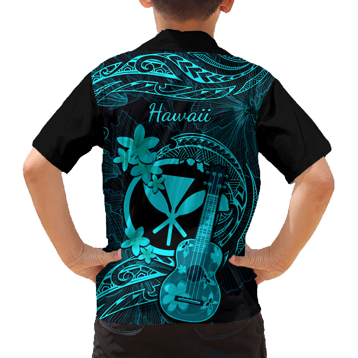 Hawaii Family Matching Off Shoulder Long Sleeve Dress and Hawaiian Shirt Ukulele Mix Polynesian Plumeria Turquoise Version LT14 - Polynesian Pride