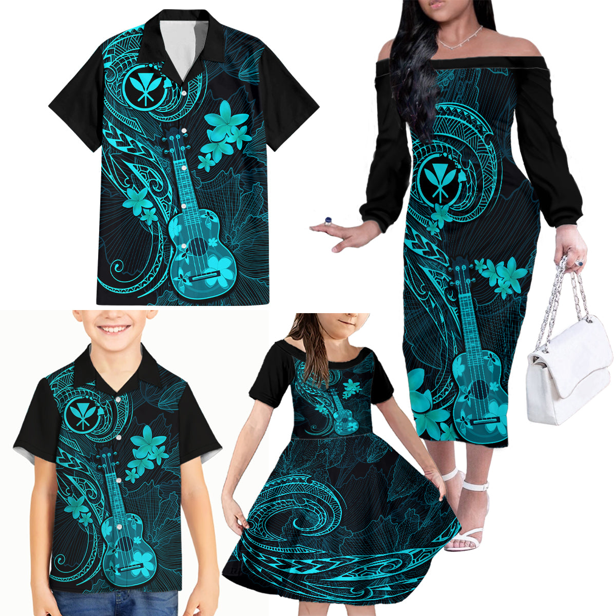 Hawaii Family Matching Off Shoulder Long Sleeve Dress and Hawaiian Shirt Ukulele Mix Polynesian Plumeria Turquoise Version LT14 - Polynesian Pride
