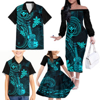 Hawaii Family Matching Off Shoulder Long Sleeve Dress and Hawaiian Shirt Ukulele Mix Polynesian Plumeria Turquoise Version LT14 - Polynesian Pride