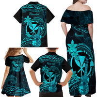 Hawaii Family Matching Off Shoulder Long Sleeve Dress and Hawaiian Shirt Ukulele Mix Polynesian Plumeria Turquoise Version LT14 - Polynesian Pride