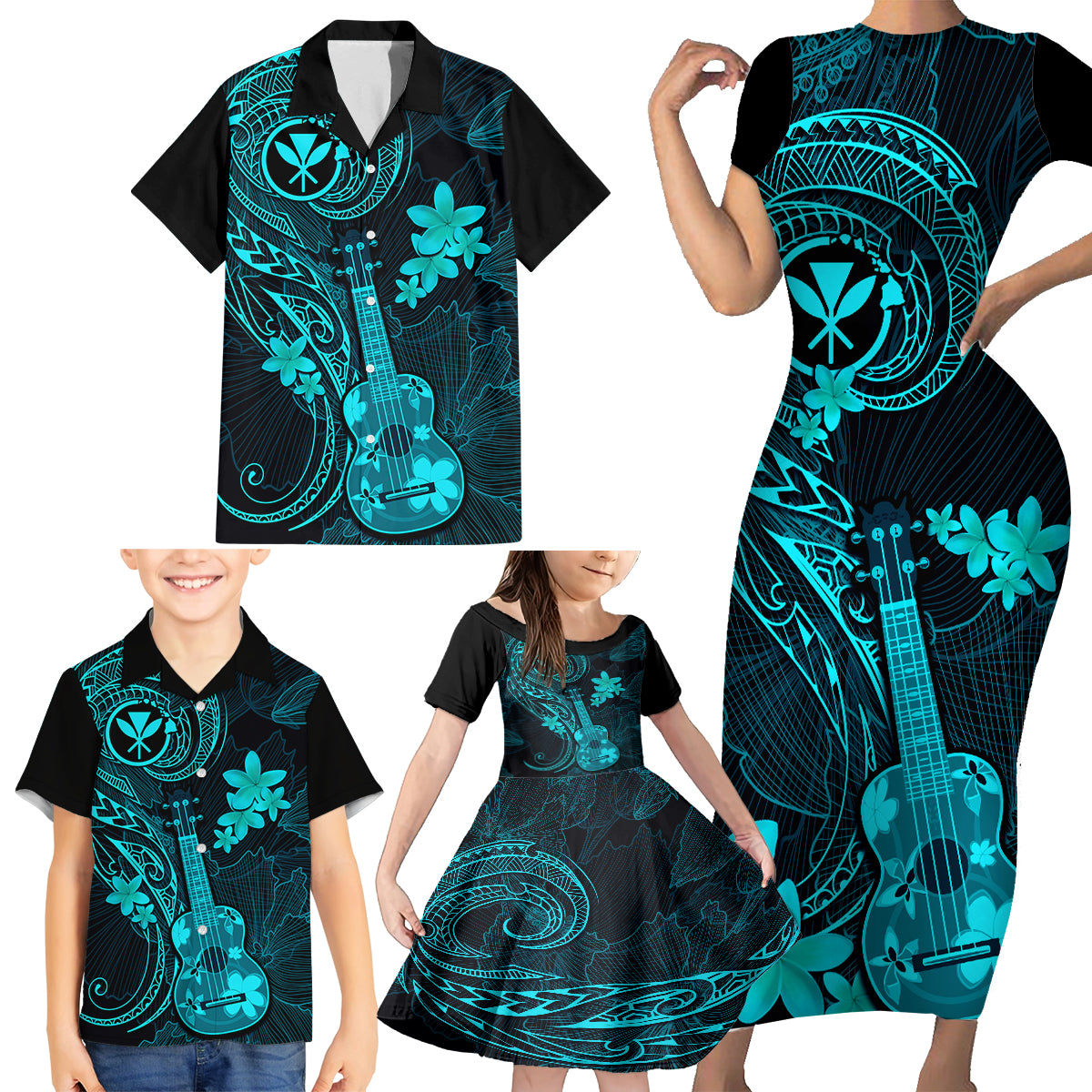 Hawaii Family Matching Short Sleeve Bodycon Dress and Hawaiian Shirt Ukulele Mix Polynesian Plumeria Turquoise Version LT14 - Polynesian Pride