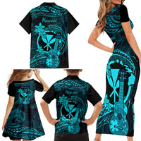Hawaii Family Matching Short Sleeve Bodycon Dress and Hawaiian Shirt Ukulele Mix Polynesian Plumeria Turquoise Version LT14 - Polynesian Pride