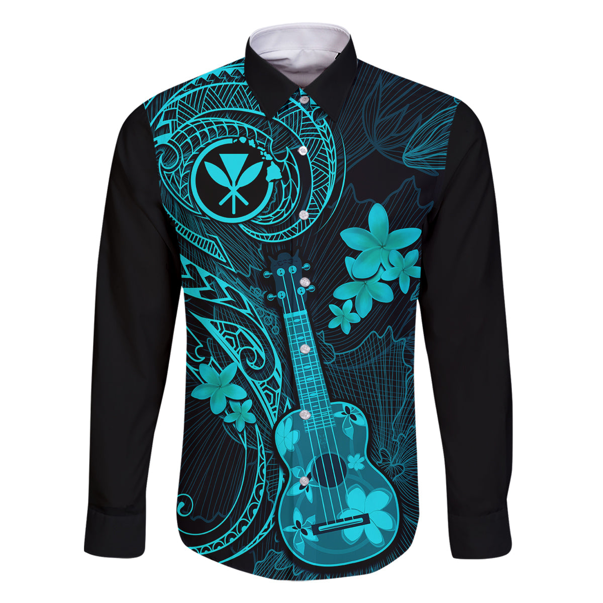 Hawaii Family Matching Short Sleeve Bodycon Dress and Hawaiian Shirt Ukulele Mix Polynesian Plumeria Turquoise Version LT14 Dad's Shirt - Long Sleeve Turquoise - Polynesian Pride