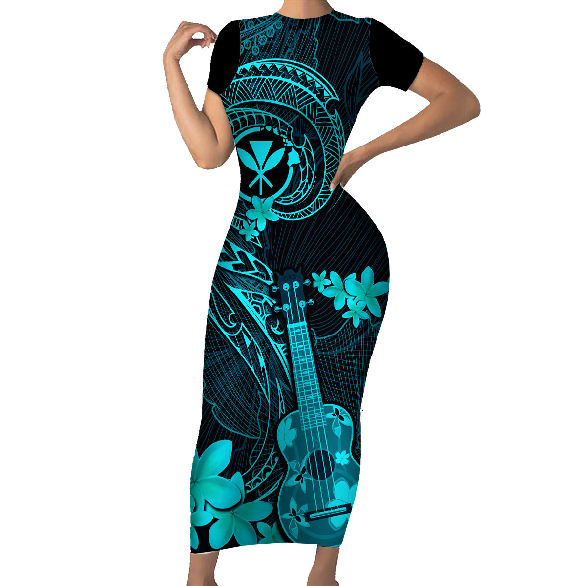 Hawaii Family Matching Short Sleeve Bodycon Dress and Hawaiian Shirt Ukulele Mix Polynesian Plumeria Turquoise Version LT14 Mom's Dress Turquoise - Polynesian Pride