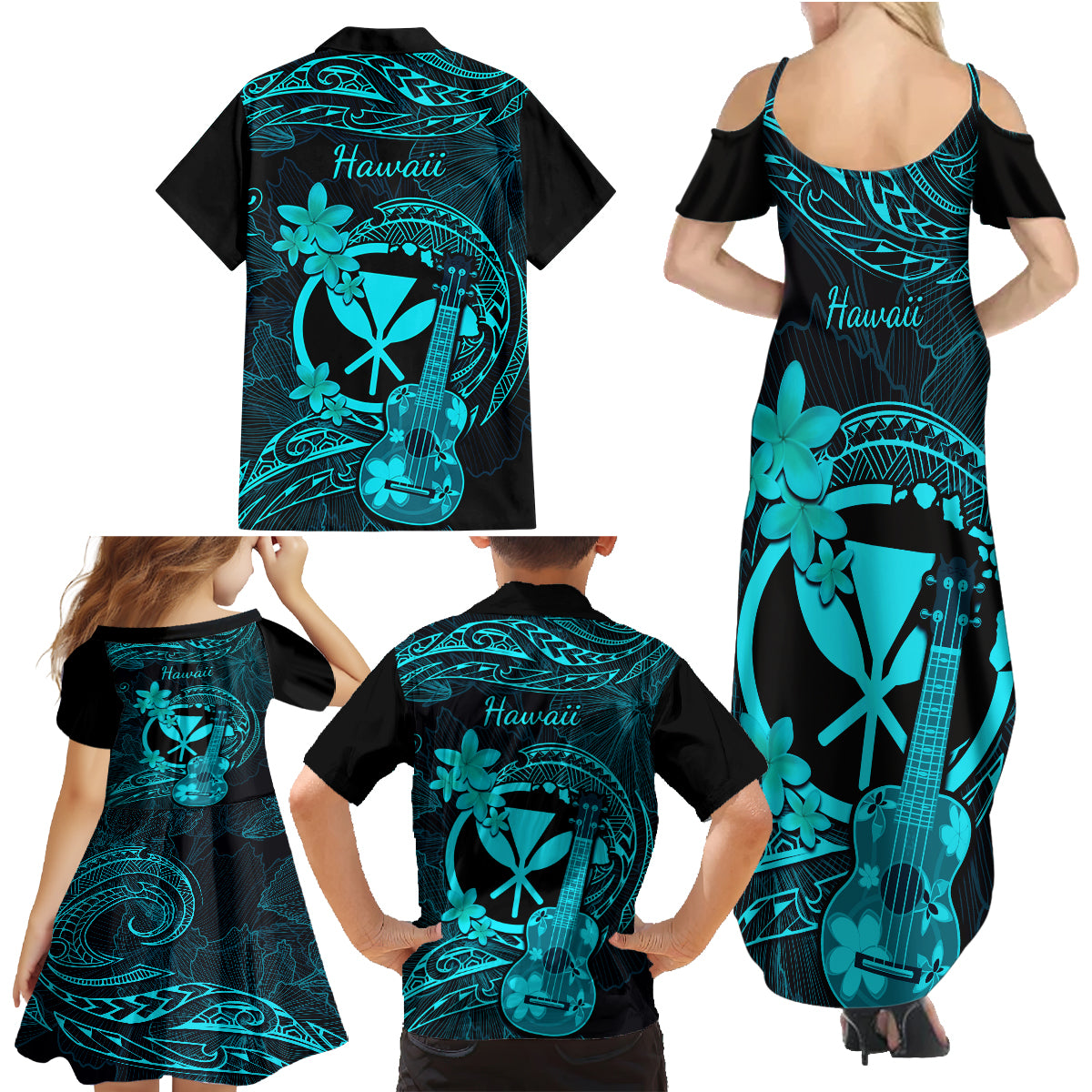 hawaii-family-matching-summer-maxi-dress-and-hawaiian-shirt-ukulele-mix-polynesian-plumeria-turquoise-version