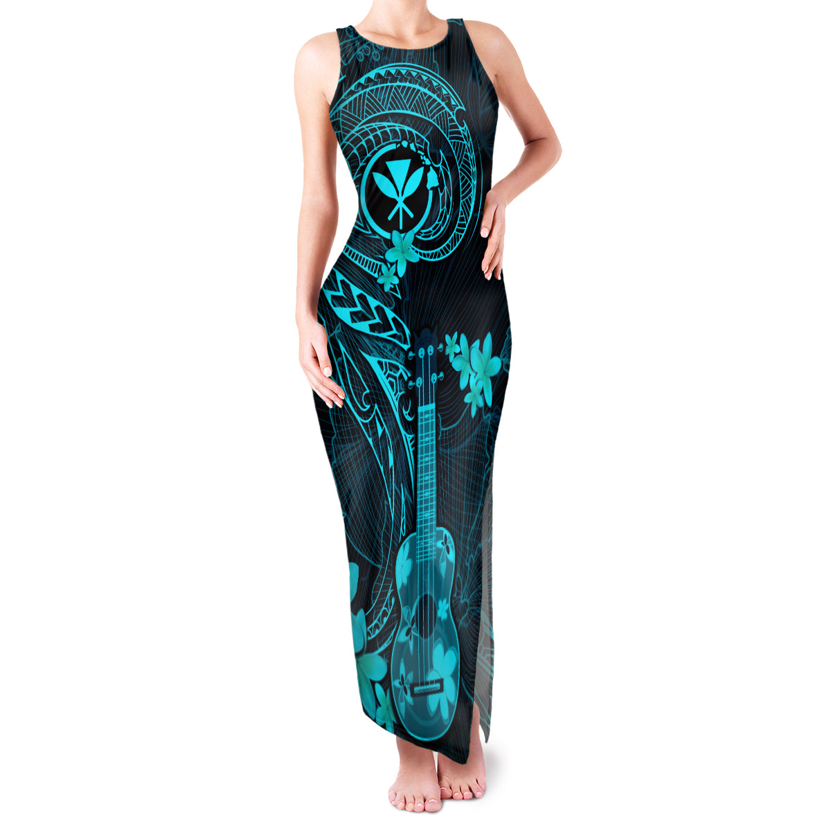 hawaii-family-matching-tank-maxi-dress-and-hawaiian-shirt-ukulele-mix-polynesian-plumeria-turquoise-version