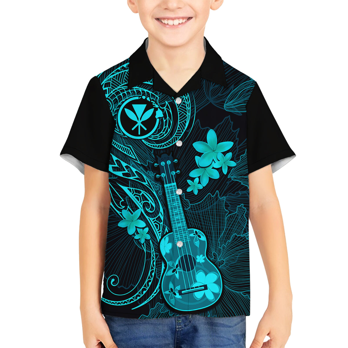 hawaii-kid-hawaiian-shirt-ukulele-mix-polynesian-plumeria-turquoise-version