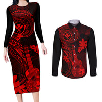 hawaii-couples-matching-long-sleeve-bodycon-dress-and-long-sleeve-button-shirts-ukulele-mix-polynesian-plumeria-red-version