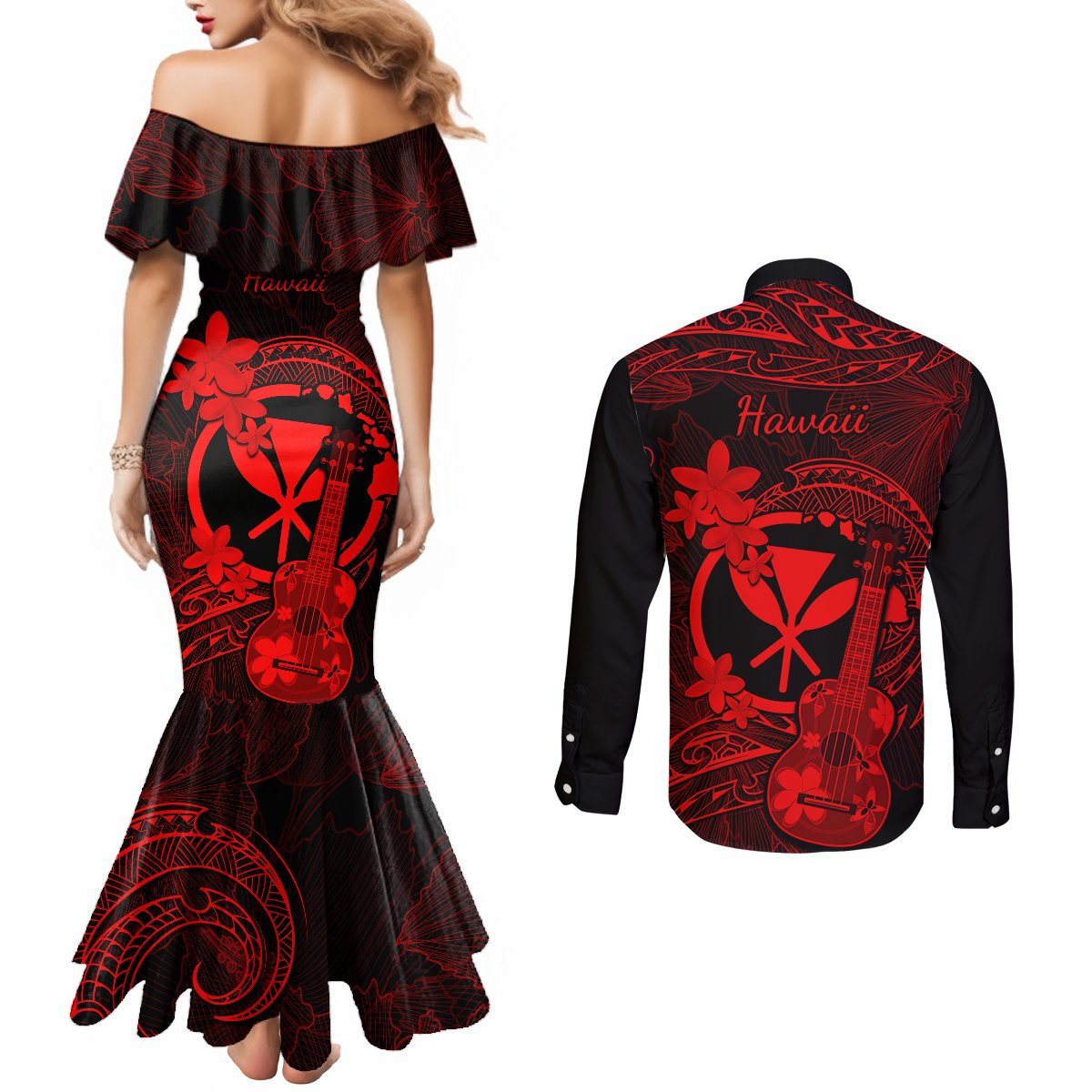 hawaii-couples-matching-mermaid-dress-and-long-sleeve-button-shirts-ukulele-mix-polynesian-plumeria-red-version