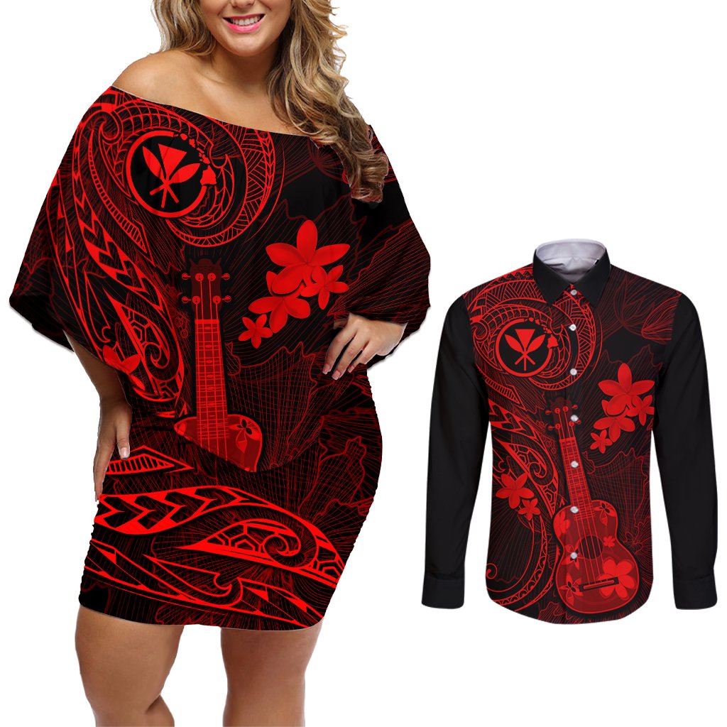 hawaii-couples-matching-off-shoulder-short-dress-and-long-sleeve-button-shirts-ukulele-mix-polynesian-plumeria-red-version