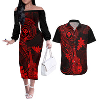 hawaii-couples-matching-off-the-shoulder-long-sleeve-dress-and-hawaiian-shirt-ukulele-mix-polynesian-plumeria-red-version