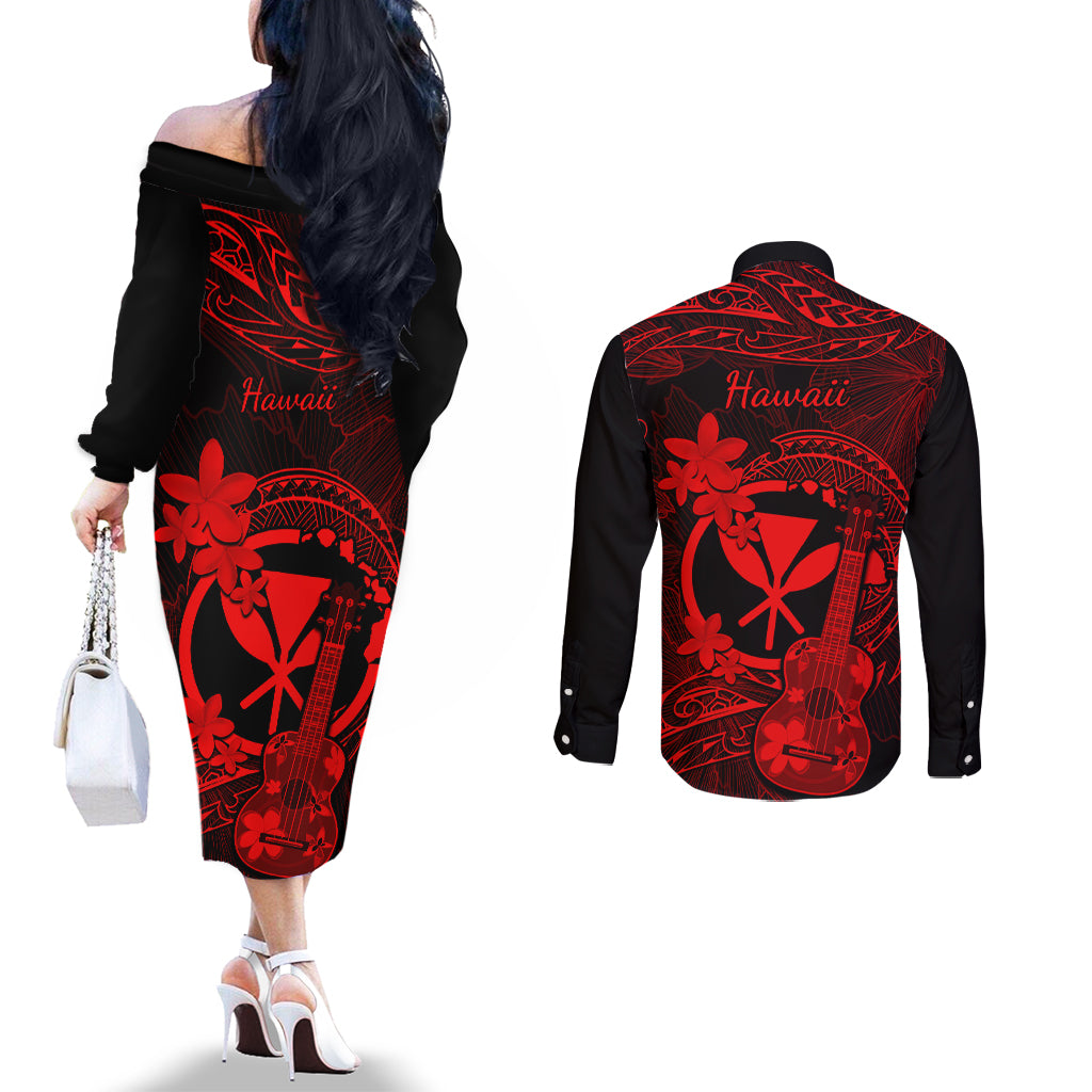 hawaii-couples-matching-off-the-shoulder-long-sleeve-dress-and-long-sleeve-button-shirts-ukulele-mix-polynesian-plumeria-red-version