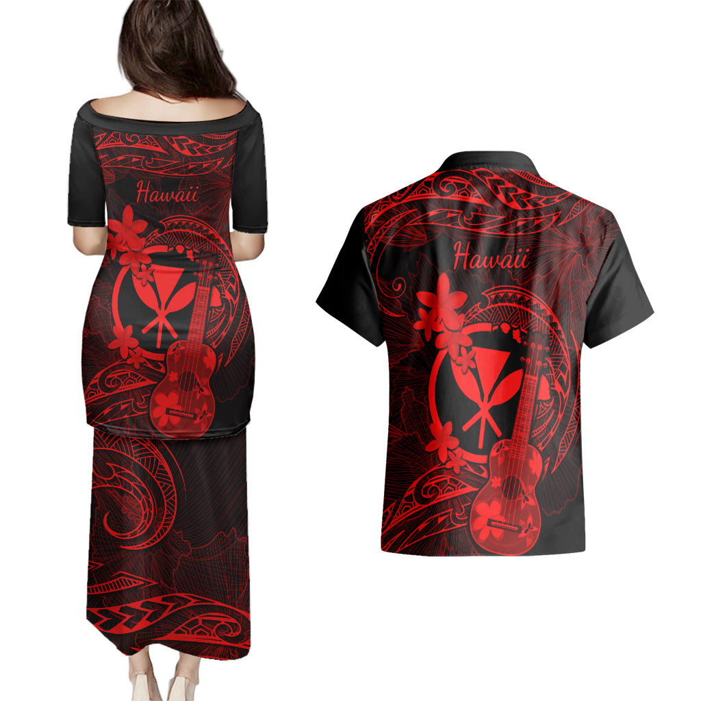 hawaii-couples-matching-puletasi-dress-and-hawaiian-shirt-ukulele-mix-polynesian-plumeria-red-version
