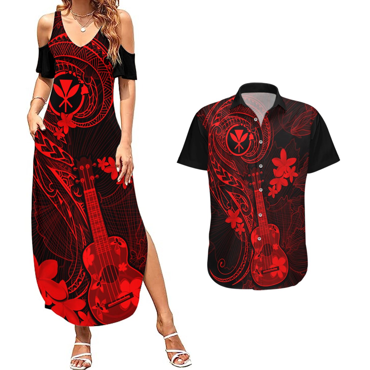 hawaii-couples-matching-summer-maxi-dress-and-hawaiian-shirt-ukulele-mix-polynesian-plumeria-red-version
